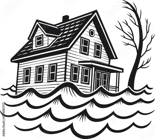 “Stylized icon of a house submerged in rising floodwaters, simple black‑and‑white design.”