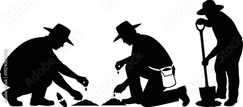 Farmer Planting Seeds and Digging Ground Silhouette Illustration, Agricultural Workers Flat Vector Art