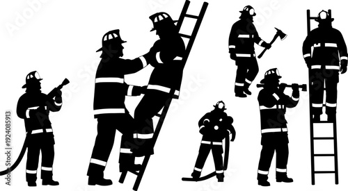 Firefighter Silhouettes Set, Fireman Action Poses with Ladder and Hose, Flat Vector Illustration