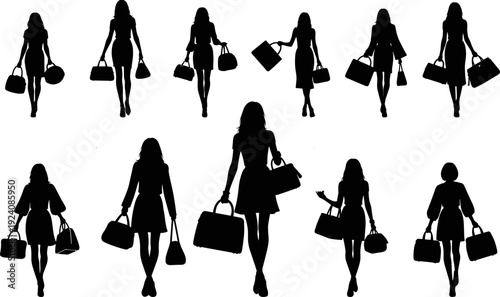 Flat Black Silhouette Set of Fashionable Women Shopping and Walking, Isolated Vector Illustration
