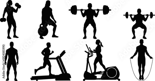 Gym Workout and Bodybuilding Silhouette Set, People Training Flat Vector Illustration