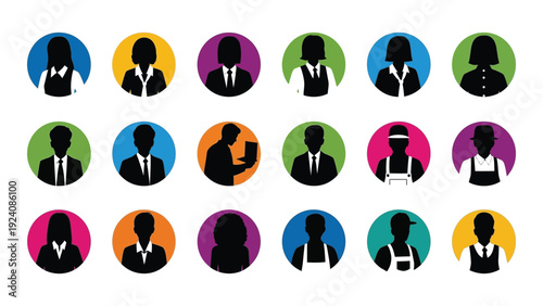 A group of colorful silhouette icons of people isolated on white background, Vector