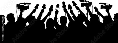 Journalists and Reporters Holding Microphones and Cameras, Press Conference Flat Silhouette