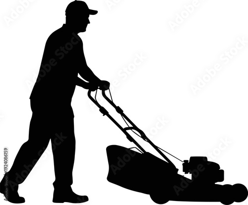 Man Mowing Lawn with Lawnmower Silhouette, Professional Landscaping Service, Isolated Flat Art