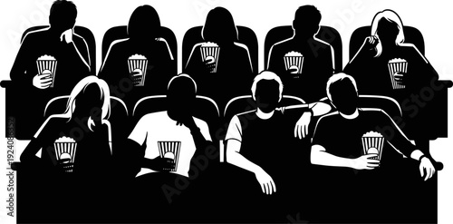 People Watching Movie in Cinema Theater with Popcorn, Flat Silhouette Vector Illustration