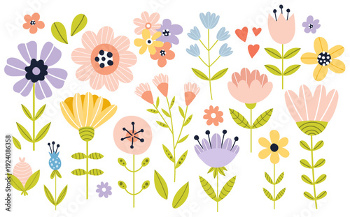 Children's hand-drawn spring floral collection in Scandinavian folk art style. Cute flat vector flowers and leaves in soft pastel colors for nursery decor isolated on white.