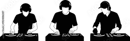 Professional DJ Mixing Music on Turntables Set, Black and White Flat Vector Illustration