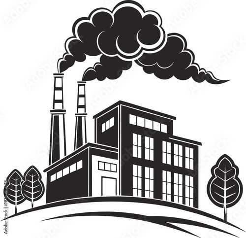 Factory silhouette with smoke stacks emitting fumes, Industrial pollution  hazard icon. 
