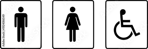 Restroom signs set with male, female, and disabled icons, black white
