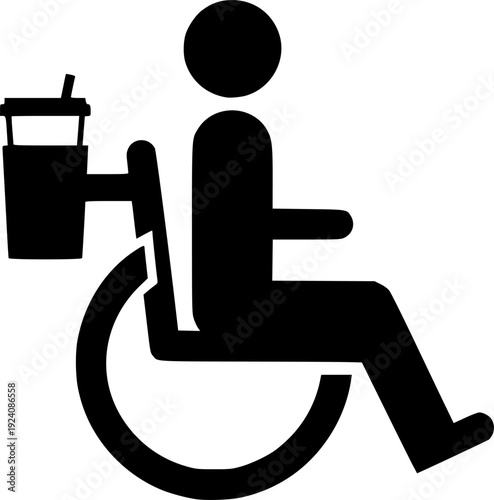 A black and white wheelchair accessible icon with a beverage holder
