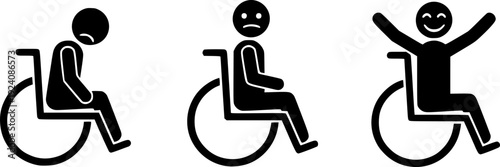 Wheelchair User Pictograms Decline, Acceptance, and Happiness Represented in Black and White Images
