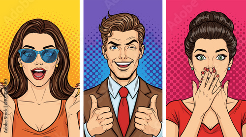 Set of Expressive Retro Pop Art Characters, Excited Woman and Successful Businessman, Flat Illustration