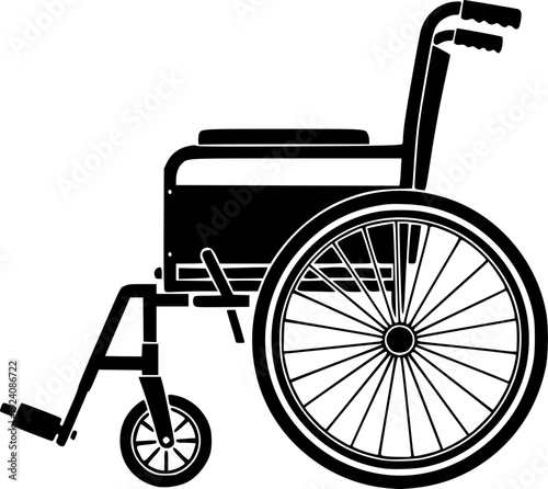 Black wheelchair icon on white, medical equipment for disabled people
