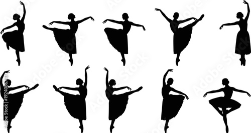 Silhouettes of Ballerinas Dancing in Classic Poses, Ballet Dancers Set, Isolated Flat Art