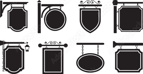 A collection of black silhouette hanging shop signs and street boards on a clean white background