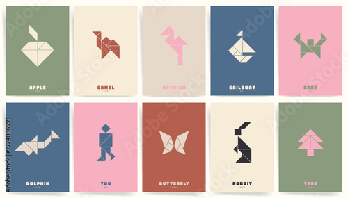 Pastel Tangram Mosaic Geometric Posters. Modern Geometric Backgrounds for Decor. Apple camel ostrich sailboat crab dolphin butterfly rabbit tree. Minimal Japanese style kids wall art prints vector
