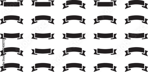 A collection of various black ribbon banner shapes and decorative elements neatly arranged on a clean white background