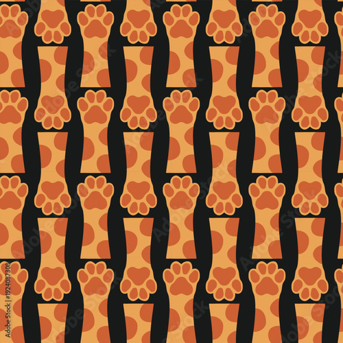 Orange dog or cat animal paw seamless pattern on black background for pet shop textile print.