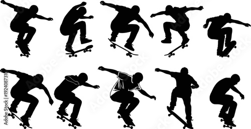 Skateboarder Silhouettes Jumping and Performing Stunts Flat Vector Illustration Set