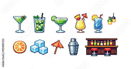 Pixel art, cocktail flat icon set. Vibrant drink, bar icons for menu design.