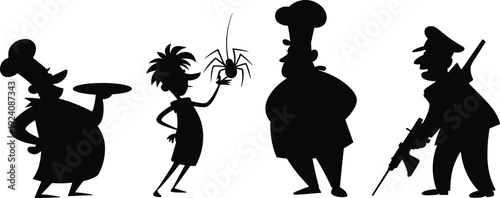Black vector silhouette set of cartoon characters including chefs a boy with a spider and a soldier for funny storytelling and comic branding, cad drawing flat vector illustration