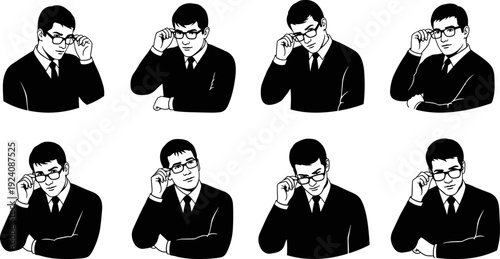 Thinking Businessman with Glasses Character Set, Professional Smart Man Flat Vector Illustration