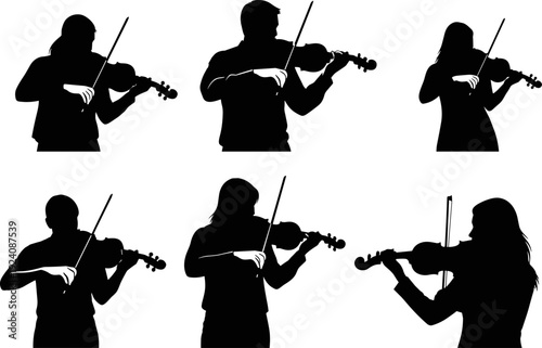 Violinist Silhouettes Set Playing Musical Instrument, Fiddle Player Group in Flat Vector Art Style