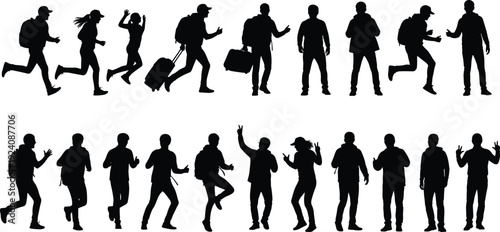 arge Collection of Traveler Silhouettes Featuring People Running Walking Carrying Luggage and Backpacks Isolated on White Background for Professional Travel and Lifestyle Graphic Design Projects