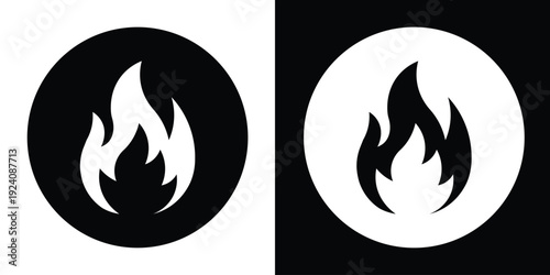 Minimalist fire flame icon inside a circular badge. Vector symbol representing heat, energy, and combustion in black and white styles. Perfect for warning labels or brand logos.