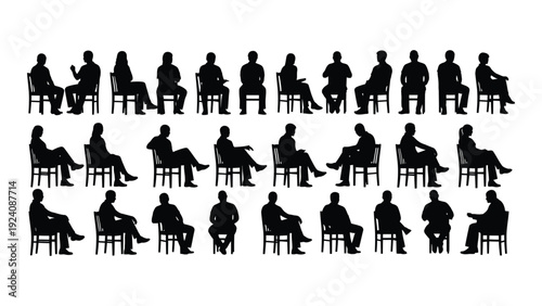 A group of people sitting in chairs in silhouette isolated on white background, Vector