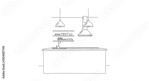 Hand drawn sketch of a modern kitchen counter with hanging lights.