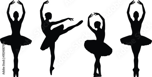 Large Collection of Ballerina Silhouettes Featuring Elegant Female Dancers in Various Classical Ballet Poses and Tutu Outfits Isolated on White Background for Professional Graphic Design