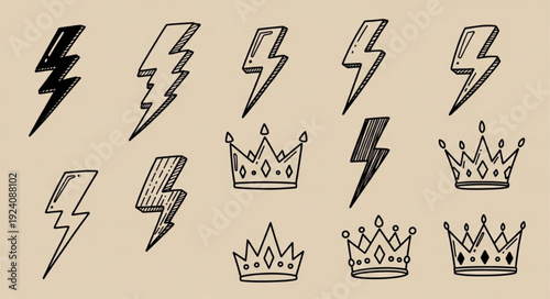 Hand Drawn Lightning Bolts and Crowns Icons Set.