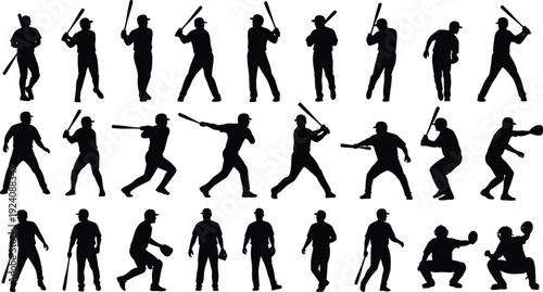 Large Collection of Baseball and Softball Player Silhouettes Including Batters Pitchers and Catchers in Various Action Poses Isolated on White Background for Sports Graphic Design Projects
