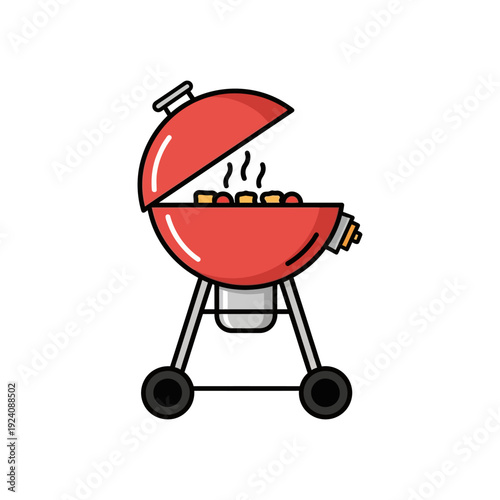 A stylized illustration of a red grill with food being cooked on it