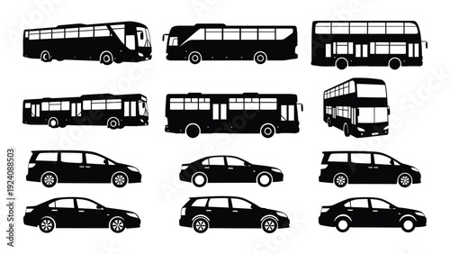 A collection of black silhouette icons of buses and cars isolated on white background, Vector
