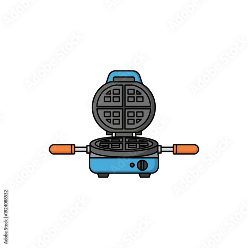 A blue waffle iron with two crispy waffles being prepared