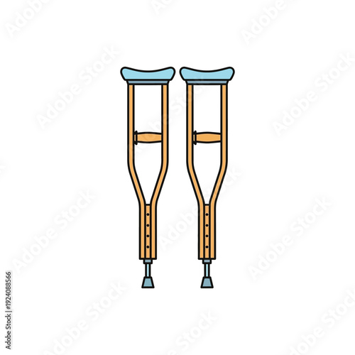 A pair of wooden and metal crutches for mobility assistance shown against a plain background