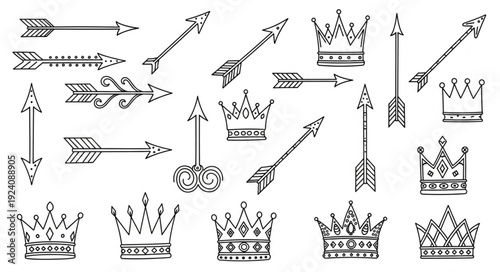 Hand drawn arrows and crowns sketch set.