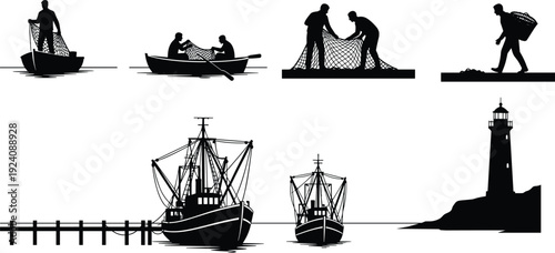 Large Collection of Fishing Industry Silhouettes Featuring Fishermen with Nets Boats Trawlers and a Lighthouse Isolated on White Background for Professional Maritime Graphic Design Projects