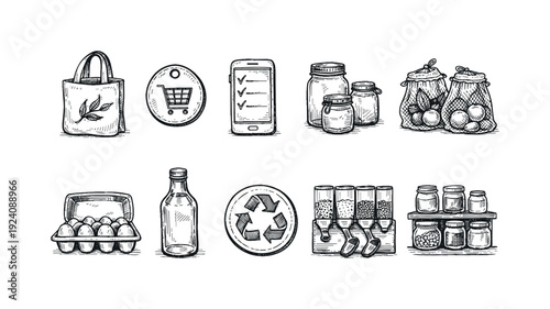 Eco-friendly, sustainable shopping line icon set. Zero waste, reusable, recycle icons.