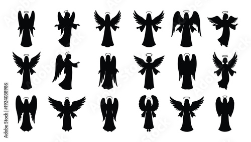 A collection of 15 various black silhouettes of winged creatures isolated on white background, Vector