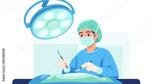 Surgeon Performing Surgery in Operating Room. Medical Professional in Scrubs with Scalpel under Bright Surgical Light. Healthcare Concept Illustration.