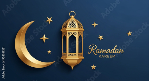 Golden Ramadan lantern with crescent moon and stars.