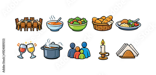 Dining icon set. Food, meal, cooking, dinner, family gathering icons in outline style