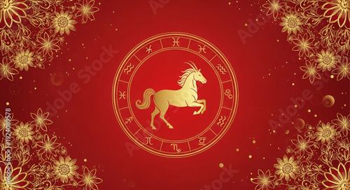 Golden Horse Zodiac Symbol on Red Background with Ornate Details.