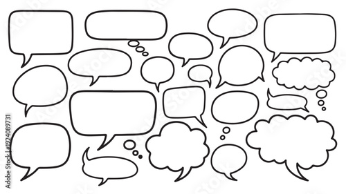 Collection of various blank speech bubbles and thought bubbles in different shapes and sizes for comic and dialogue illustrations