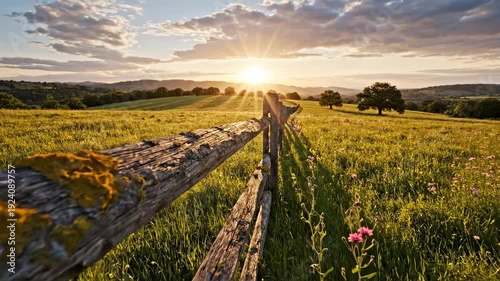 Golden sunset over rustic countryside field with wooden fence and blooming flowers