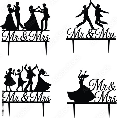 Black vector silhouette set of Mr and Mrs wedding cake toppers featuring dancing couples for bridal showers marriage celebrations and anniversary party decorations