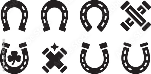 A set of black horseshoe icons and lucky charms displayed together on a crisp white background
